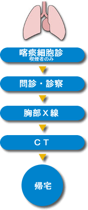 喀痰細胞診（喫煙者のみ）→問診・診察→胸部X線→CT→帰宅 [51KB]